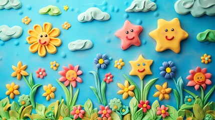 A colorful clay model of a garden scene.