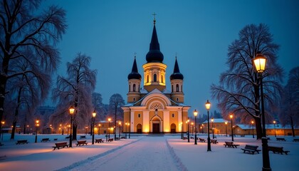 Obraz premium Snowy church at dusk with lighted path
