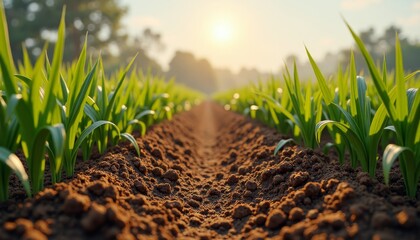 Sunlight on green crops in field with brown dirt path between rows