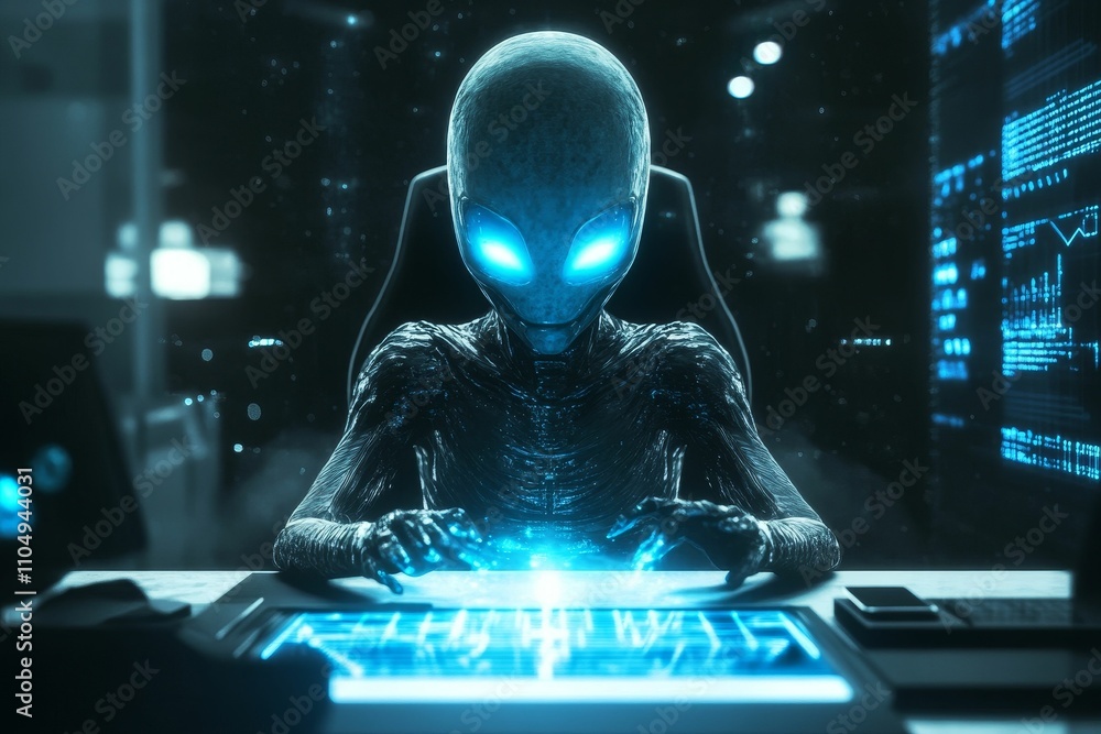 Poster alien using glowing futuristic device, data streams.