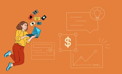 an illustration character in the form of a cartoon female employee as a background design element for job or product promotions, with an office theme