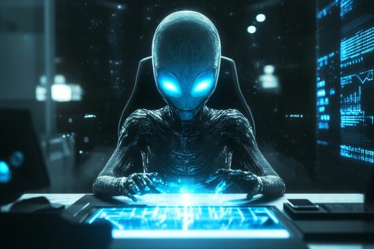 Alien using glowing futuristic device, data streams.