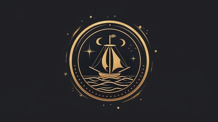 A golden sailboat illustration in a circle with a black background and stars.