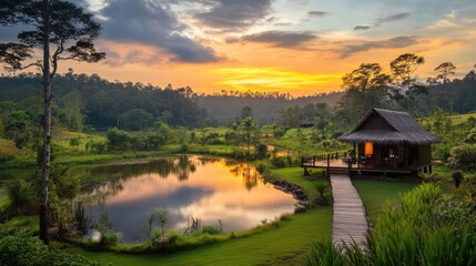 Fototapeta premium Serene Sunset Over Tranquil Lake and Rustic Cottage in Nature