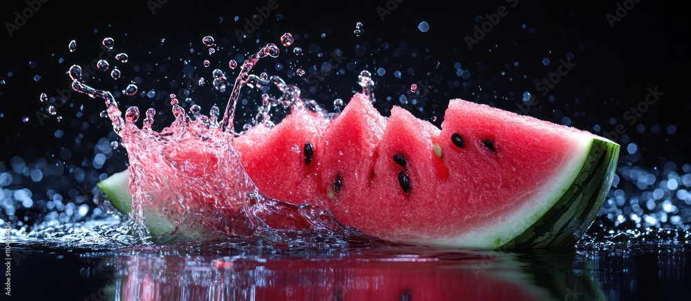 Poster a refreshing slice of watermelon splashing into water on a black background.