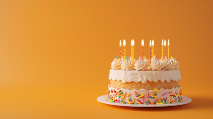 A birthday cake with lit candles and colorful sprinkles on an orange background.