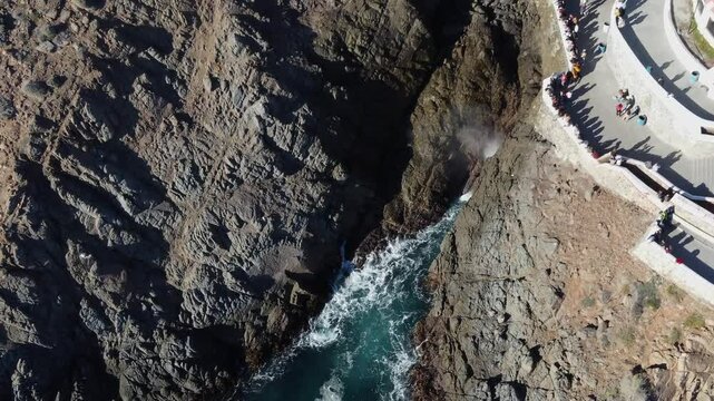 Aerial view of famous ocean blow hole at La Bufadora in Baja Mexico