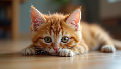 A young cat lying on the floor with its eyes wide open and ears perked up