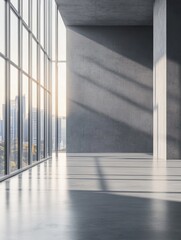 Minimalistic hall interior with empty gray wall, city view and daylight. Gallery and presentation concept. Mock up, 3D Rendering