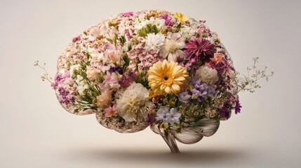 Naklejka premium Brain Shaped Arrangement of Colorful Flowers for Creative Concepts