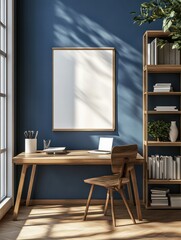 Modern blue and wooden home office interior with workplace, empty white mock up poster, bookcase and daylight. 3D Rendering