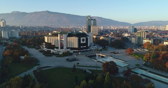 The National Palace Of Culture in Sofia Bulgaria. NDK. Aerial View at Autumn on sunrise