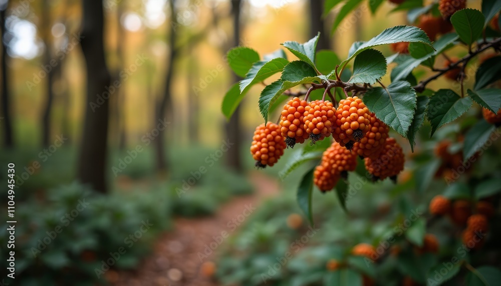 Poster blurry trees in a forest or orange berries hanging from a tree branch or a path through the