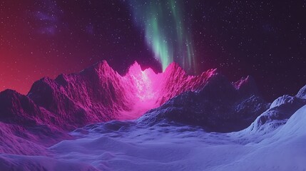 Nighttime view of the northern lights dancing over a snowy mountain range