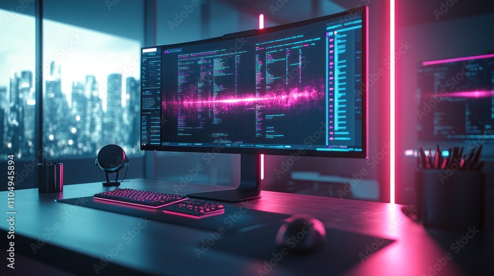 Poster a modern workspace with a curved monitor displaying code and a pink line, a keyboard, a mouse, and a