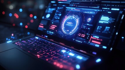 A close-up of a laptop screen with a futuristic user interface, glowing in neon blue and red.