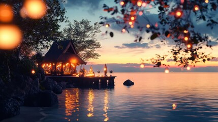 Serene Lakeside Cottage at Dusk with Twinkling Lanterns and Reflections