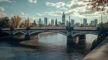 Obraz premium Scenic view of a bridge spanning a wide river with a historic city skyline in the background