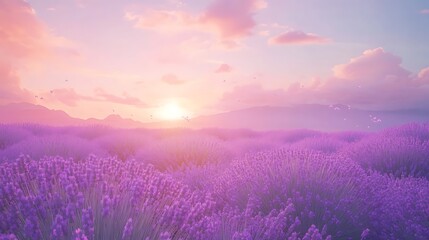 A dreamy view of lavender fields in full bloom under a soft purple and pink sunset sky