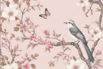 Vintage Pink Pattern with Bird, Flowers, and Butterflies on Branch