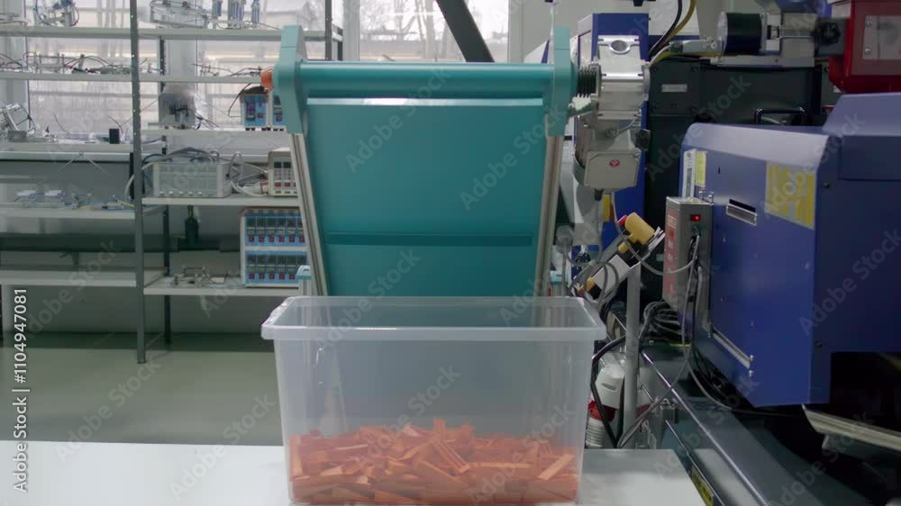 Poster a conveyor belt system moves plastic materials into a machine for injection moulding. the process sh