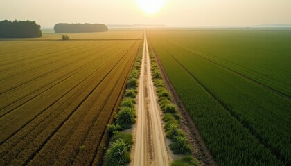 Sunset over a long dirt road between green and yellow fields