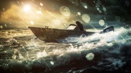 Fototapeta premium Small boat in stormy sea rescuing person from water, spotlight illuminating rescue mission amidst crashing waves. 