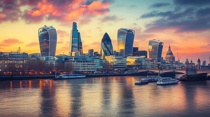 Fototapeta premium London skyline with skyscrapers at sunset.