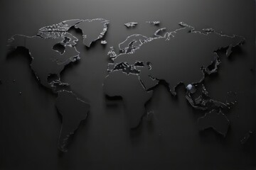 Black world map on black background featuring continents outlined in white with countries and capitals labeled in minimalist design.