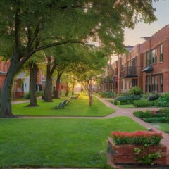 Fototapeta premium Serene residential street with brick houses, green lawn, trees, and people enjoying the peaceful atmosphere under a sunny sky.