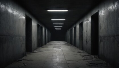 Dark and eerie narrow concrete corridor with grimecovered walls and dim lighting, evoking loneliness and isolation in monochrome.