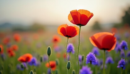 Fototapeta premium Vibrant field of red poppies with blue wildflowers Sunlit meadow blooming with