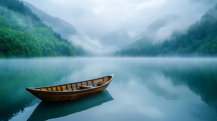 Tranquil view of a small wooden boat floating on a still lake surrounded by misty mountains