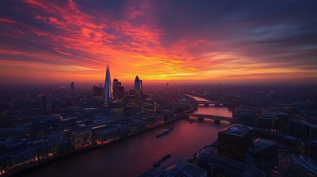 London skyline with skyscrapers at sunset.