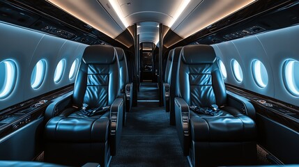 Fototapeta premium Empty, luxurious private jet cabin with black leather seats.