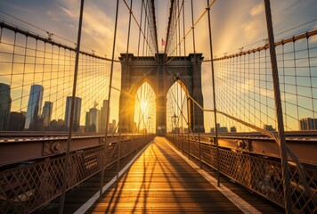 Brooklyn Bridge Sunrise Golden Rays Illuminate Path