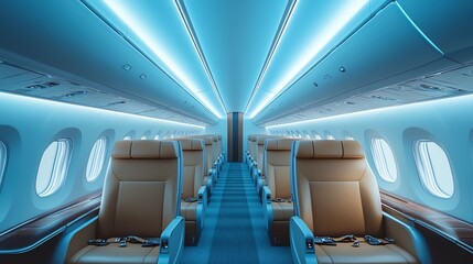 Obraz premium Empty, luxurious private jet cabin with white leather seats.