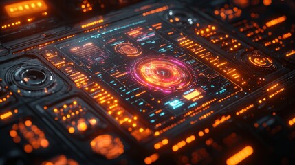 Obraz premium Futuristic cyberpunk interface with glowing neon lights and digital data streams.