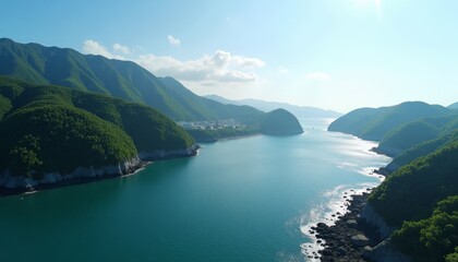 Obraz premium Peaceful river between lush green mountains