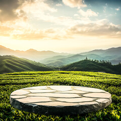 Natural Stone Podium on Sunny Field: Ideal Product Presentation Background