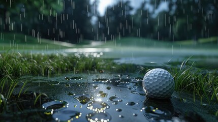 A golf ball lies in the rain on an rainy green