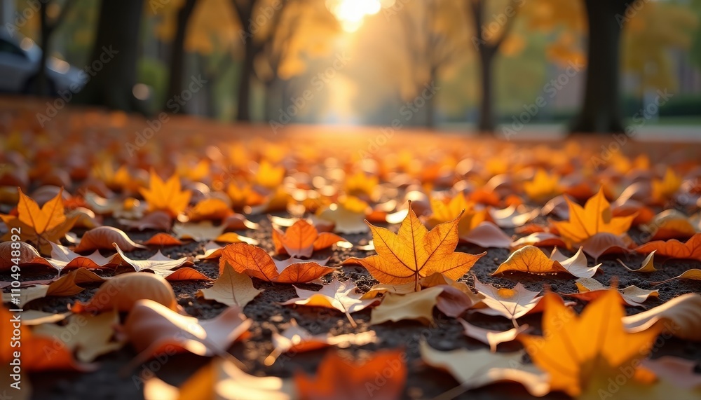 Poster a pathway of fallen leaves in autumnsunlight through tree canopyground covered with multicolored lea