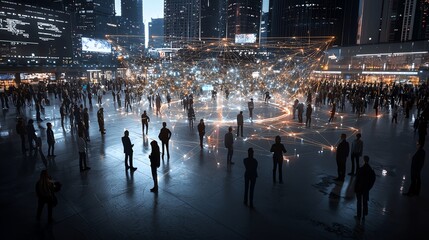 Obraz premium Silhouetted figures connect in a digital cityscape at dusk.