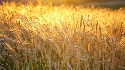 Evening view of a golden field of wheat swaying in the breeze under a colorful sunset
