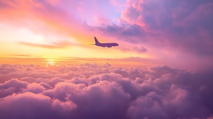Airplane flying above the clouds at sunset.