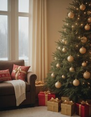 Elegant Christmas living room with decorated tree and gifts