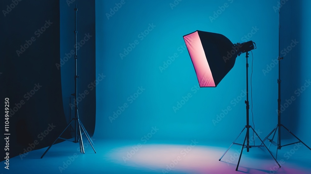 Poster two studio lights with softboxes set up in front of a blue background.