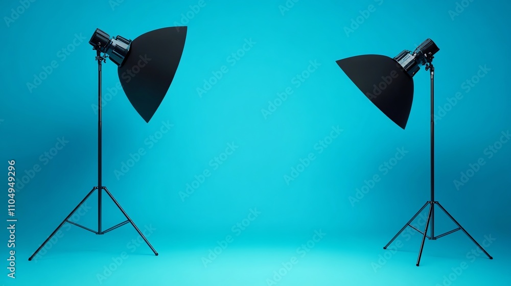 Poster two studio lights with softboxes set up in front of a blue background.