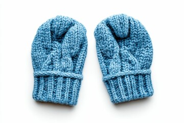 Blue knitted mittens, winter handwear, cozy.