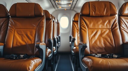 A row of empty brown leather airplane seats.